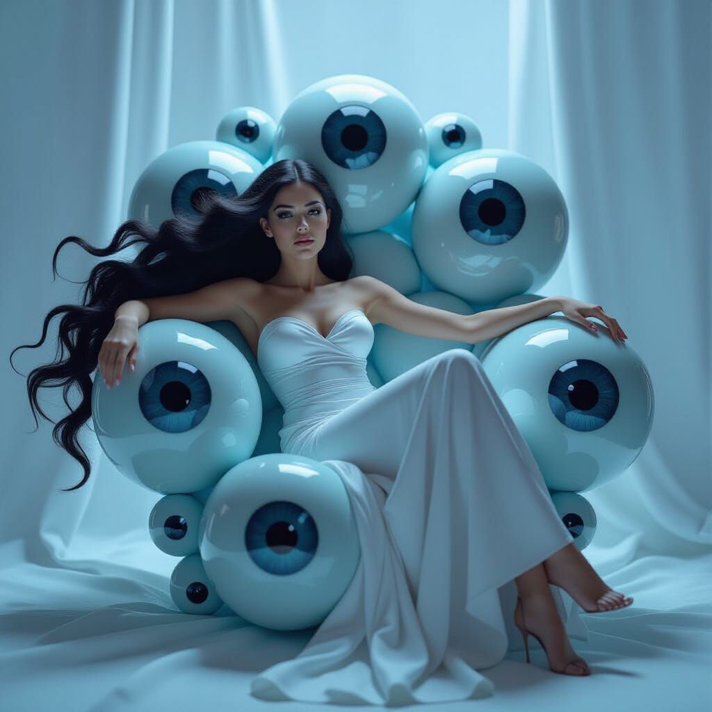 Woman Reclining on Surreal Eyeball Chair