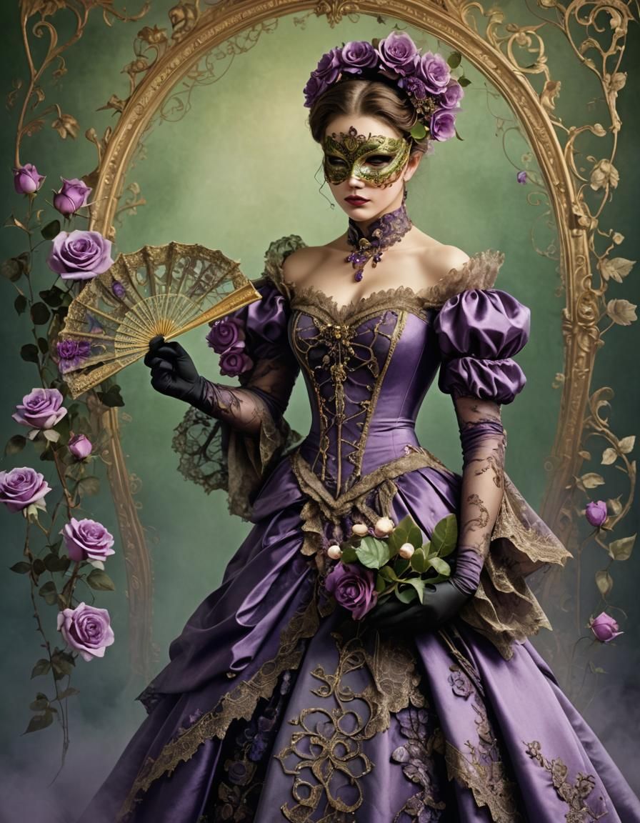 Woman in Masquerade Mask with Roses, Fantasy Art