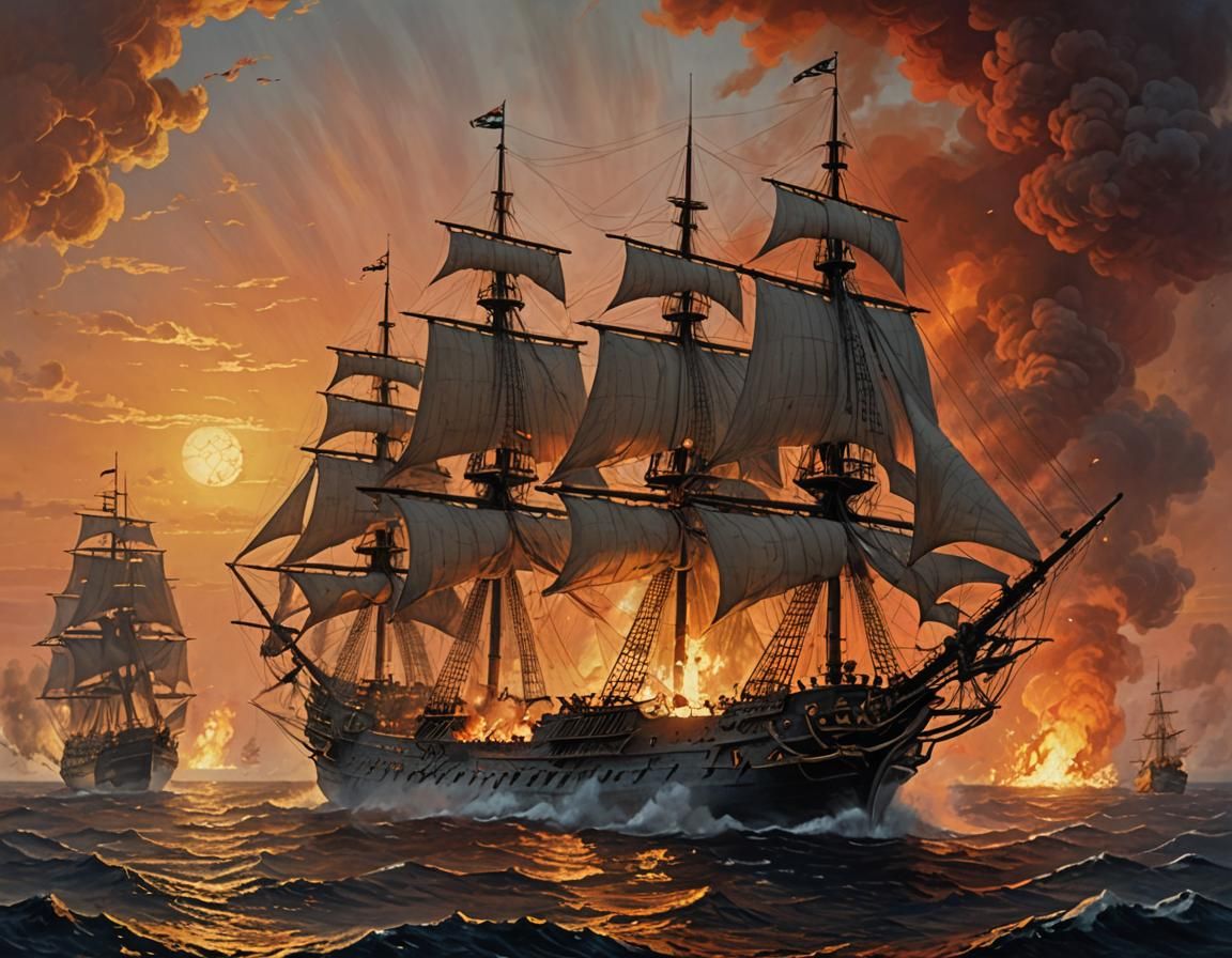 Pirate Frigate Attacks Merchant Ship at Dawn