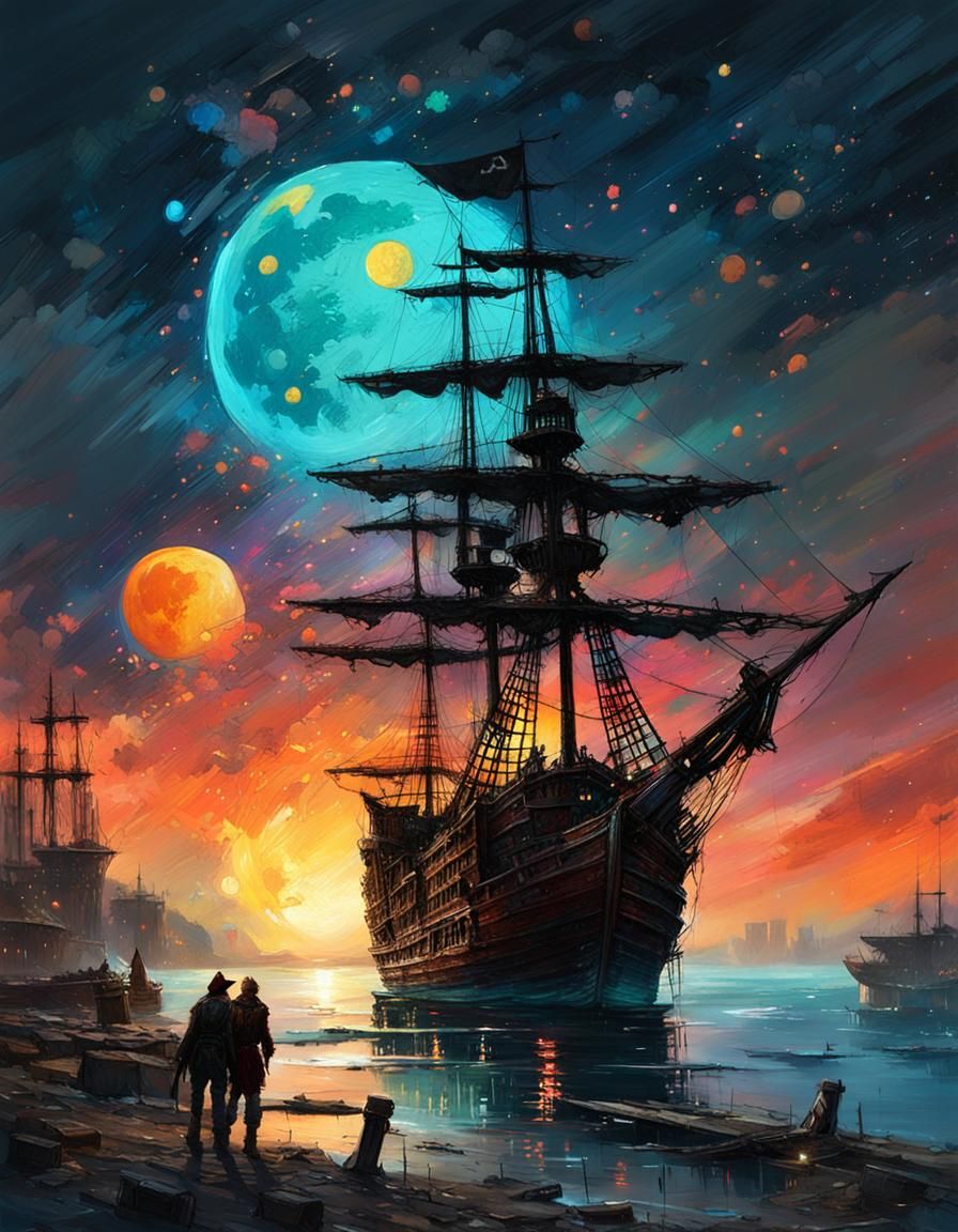 Pirate Ship Under a Luminous Moon