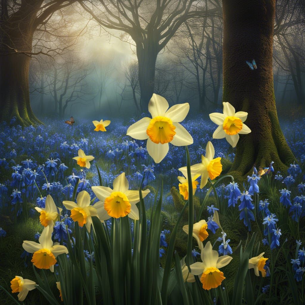 Spring Blooms: Bluebells, Daffodils, Butterflies, and Birds