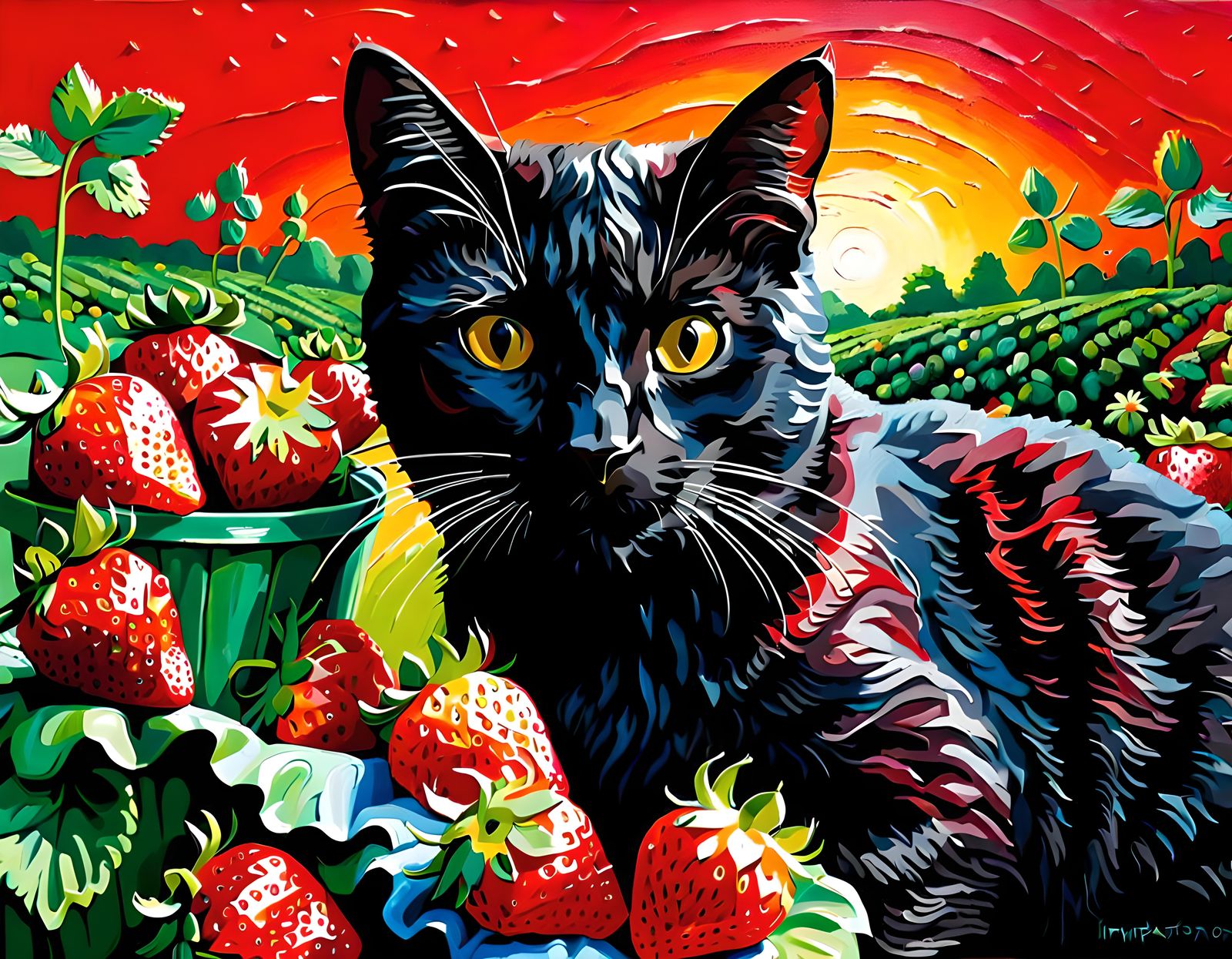 Volumetric Impasto Portrait of Black Cat on Strawberry Field