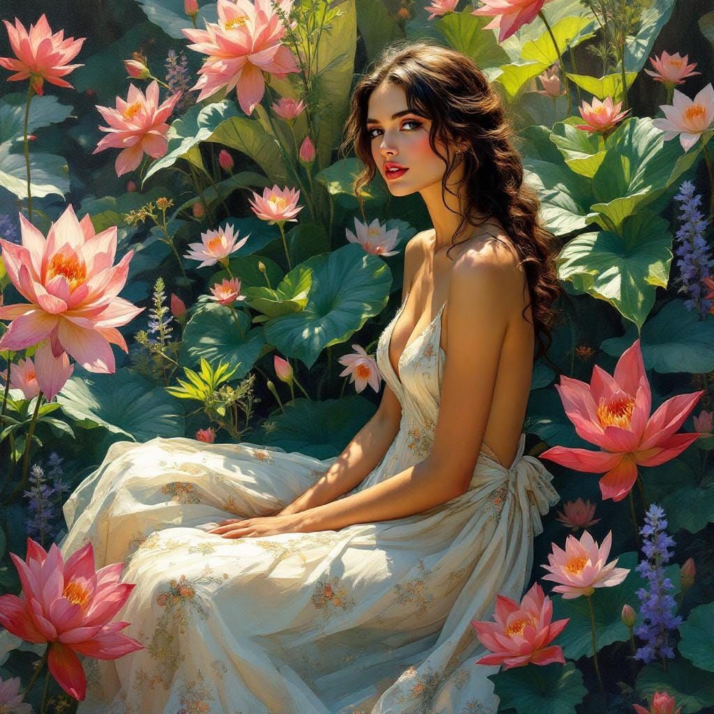 Botanical Garden Woman in Alphonso Mucha Style