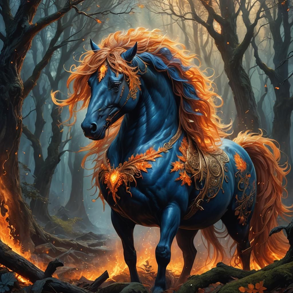 Mystical Fire Horse in Ancient Forest: 3D Art