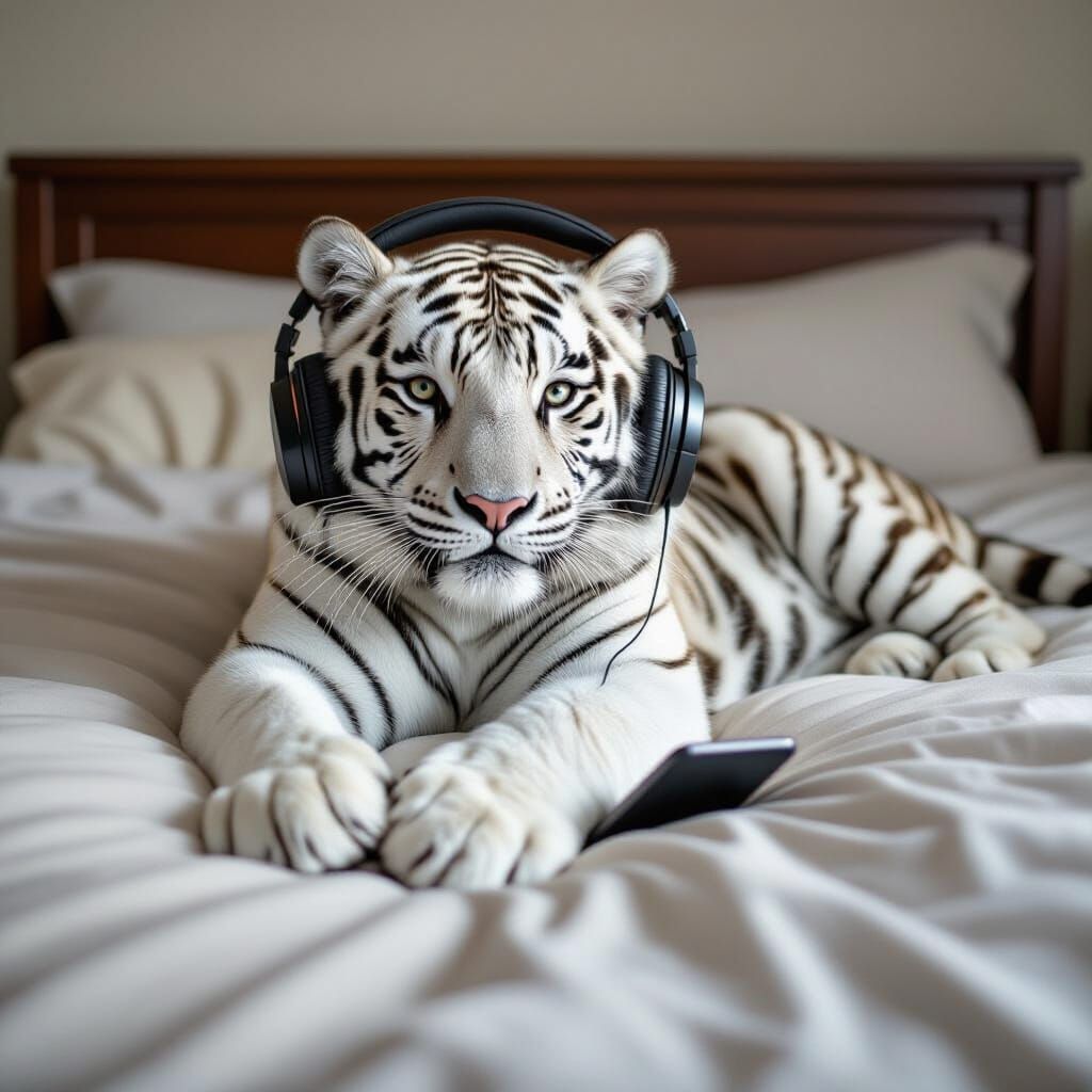 White Tiger Relaxing with Phone and Headphones