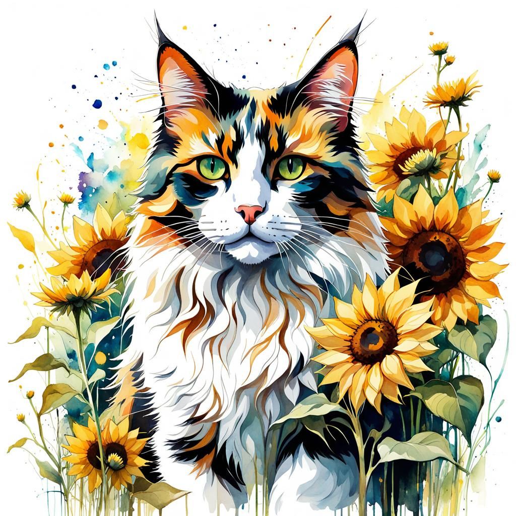 Calico Cat in Sunflowers, Digital Watercolor Illustration