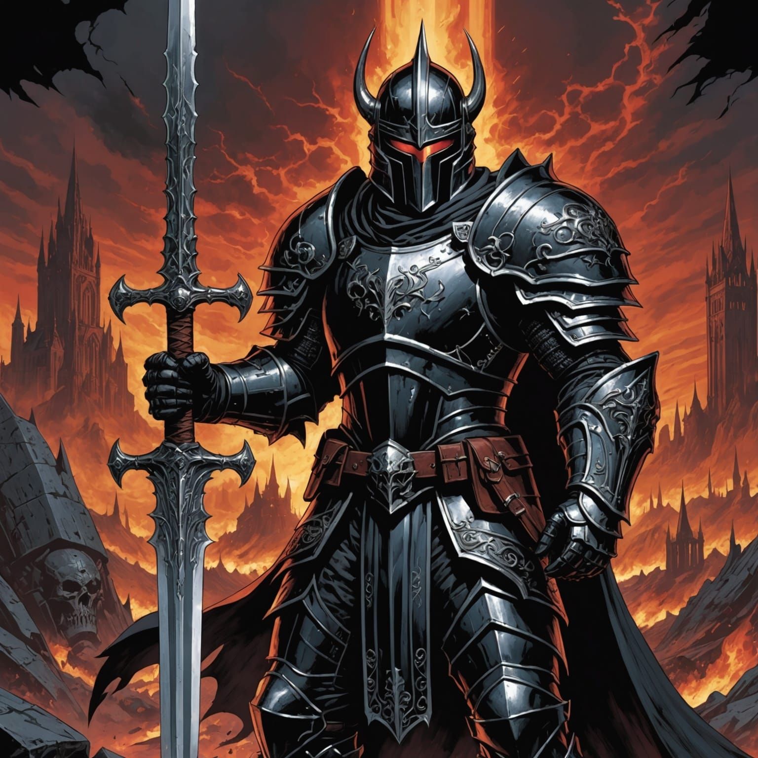 Hell Knight in Black Gothic Armor: Comic Book Art