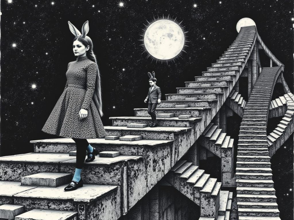 Alice and Neo's Aurora Adventure in Escher-Klimt Style