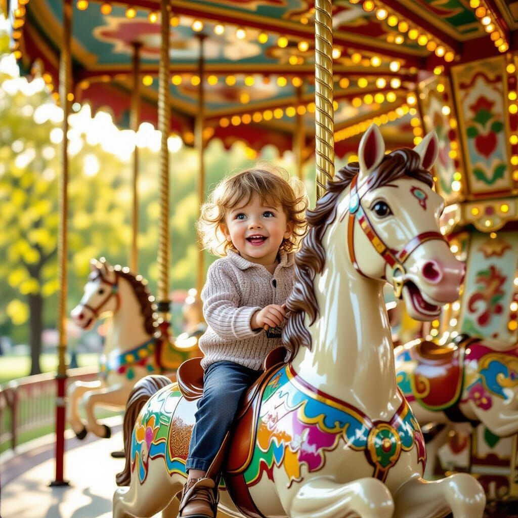 Joyful Child Rides Ornate Carousel Horse in Dappled Sunlight