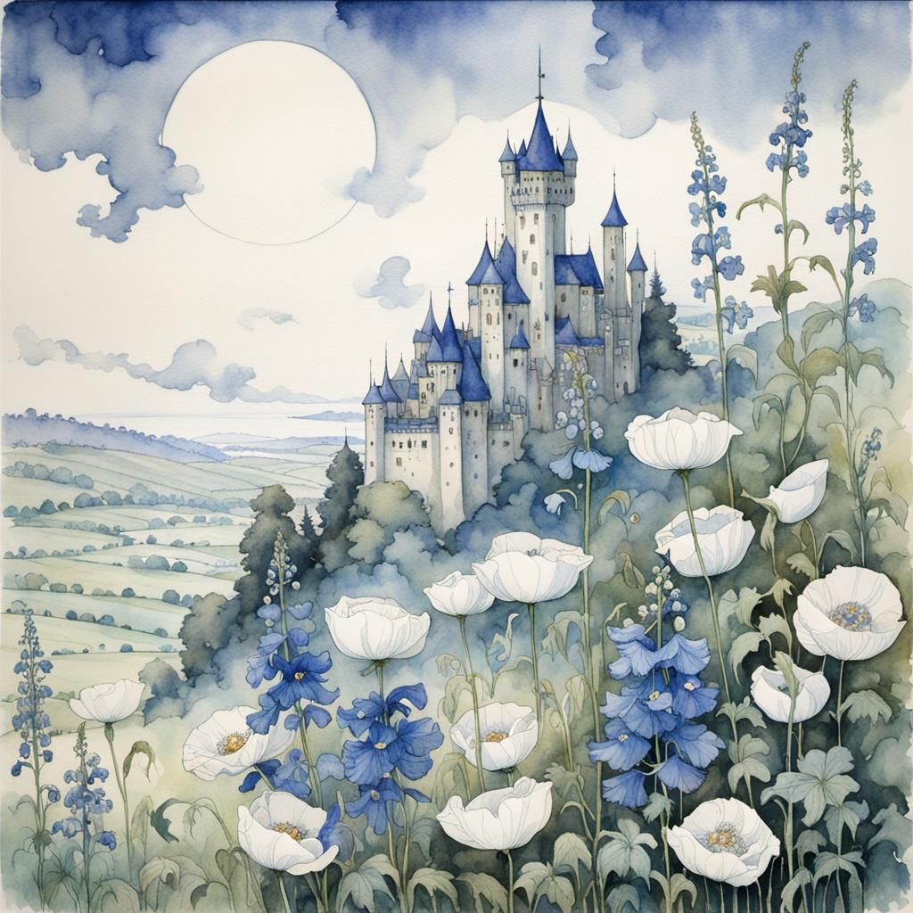 Lush Flowers and Castle in Misty Watercolor Illustration
