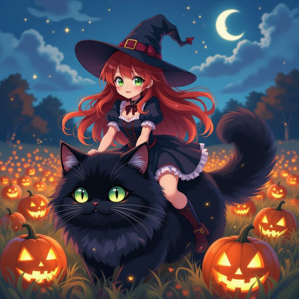 Anime Witch Rides Cat Through Pumpkin Field