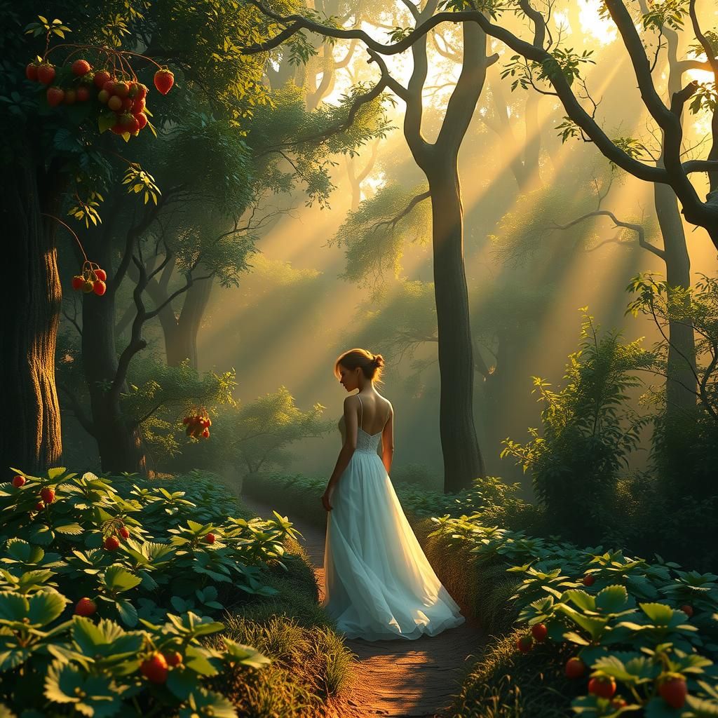 Mystical Forest: Girl Picking Strawberries in Golden Light