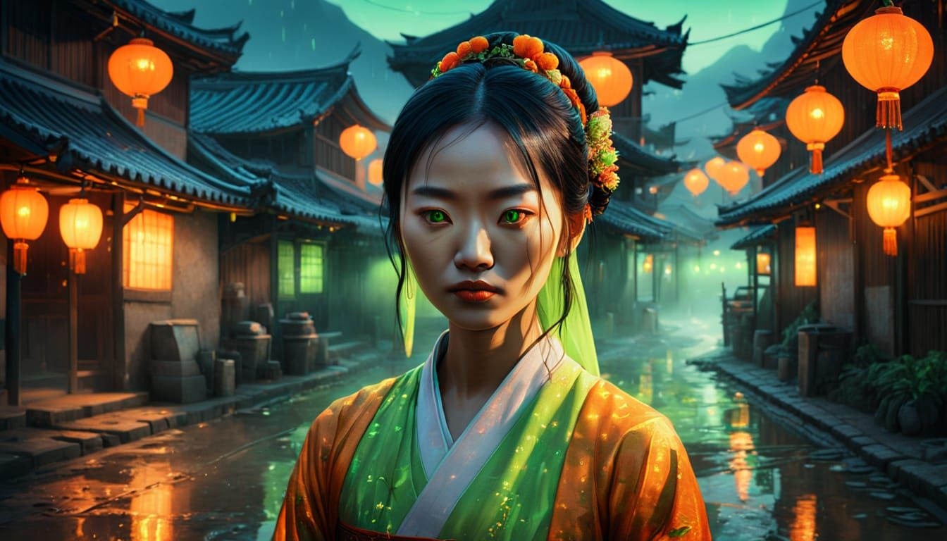 Asian Woman in Neon Village: Digital Surrealism