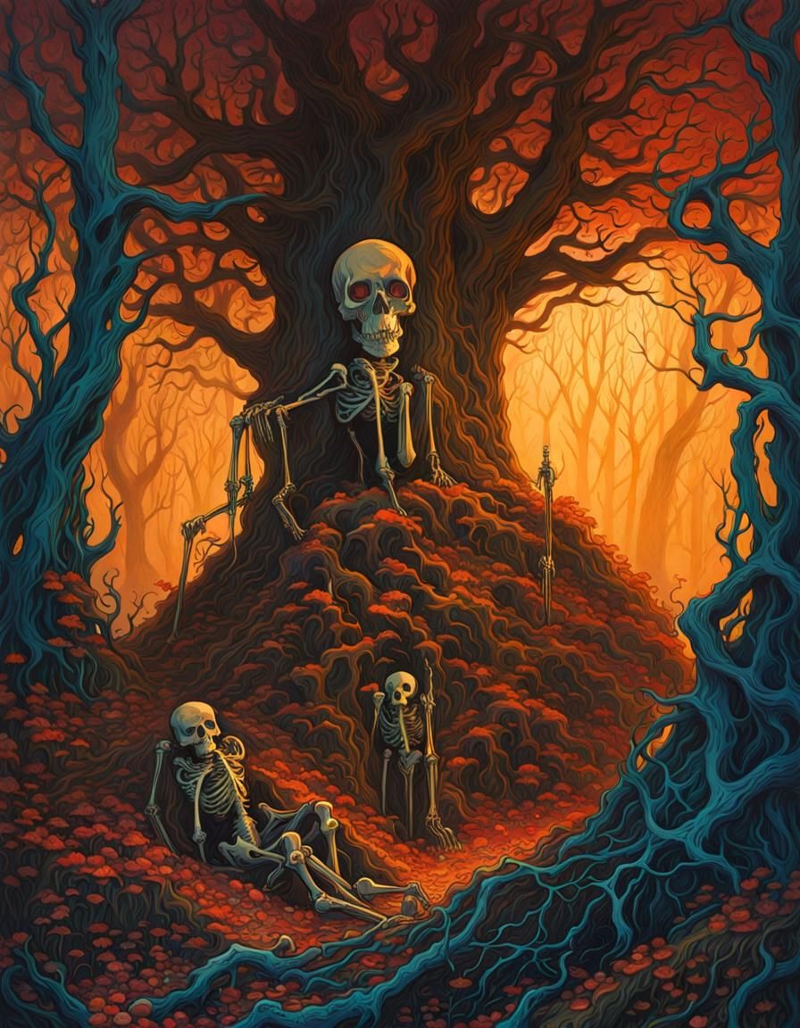 Intricate Skeleton Illustration in Gouache Style