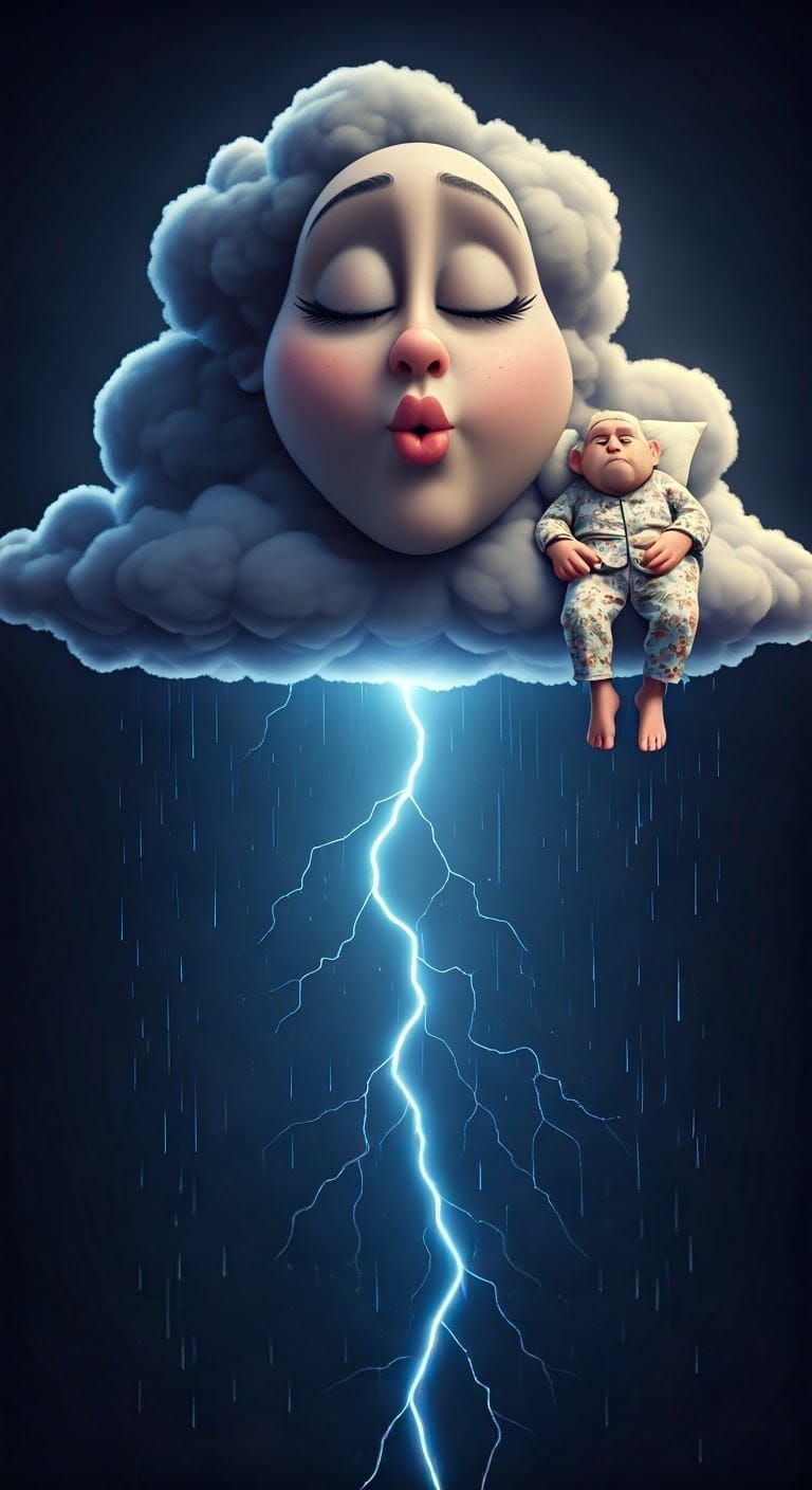Dark Rain Cloud Kissing with Sleeping Man, Pixar Style