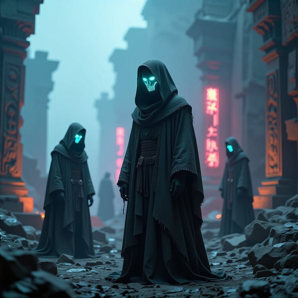 Hooded Prophets with Glitching Digital Faces in Neon Temple ...