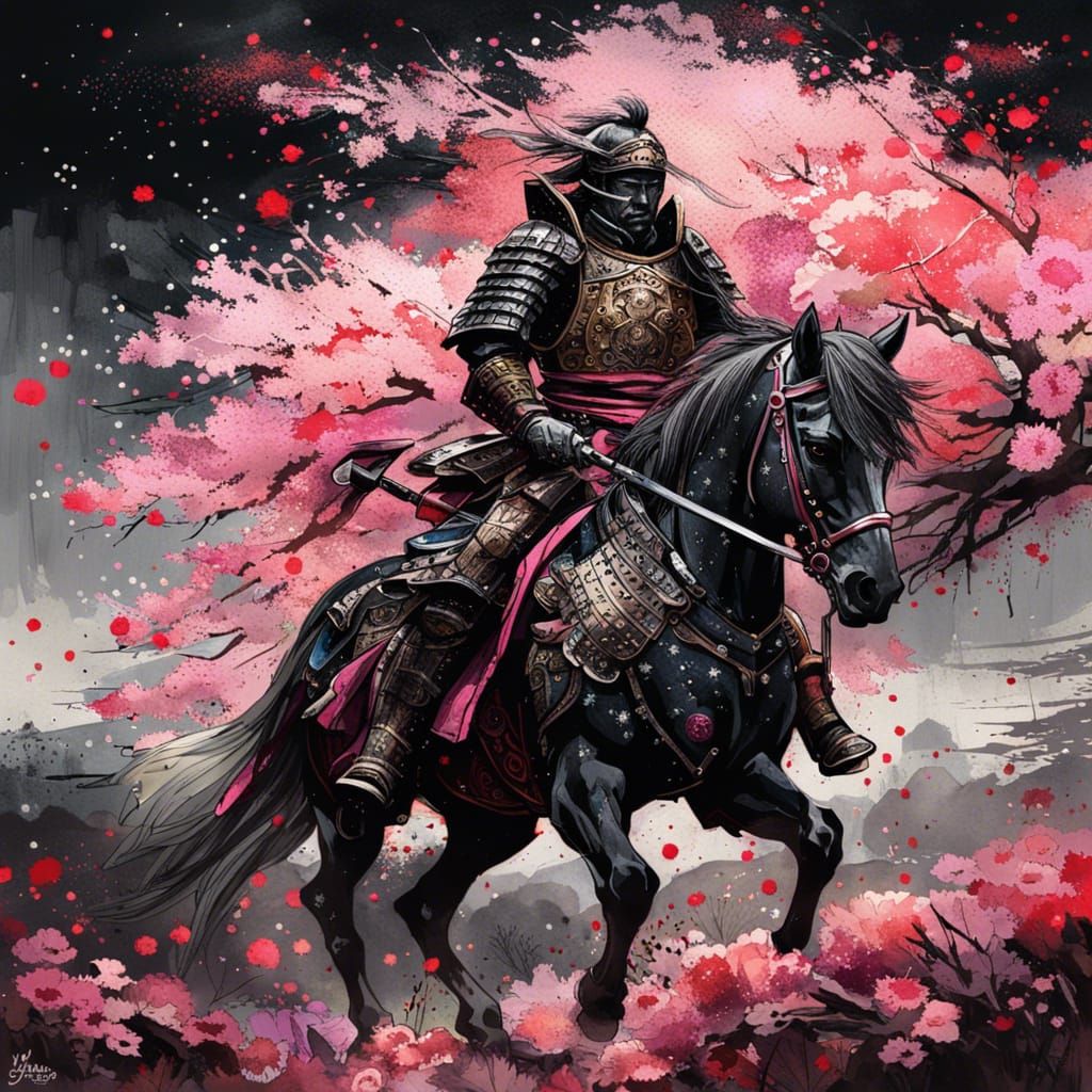 Gothic Samurai in Starry Rose Field, Gouache Style