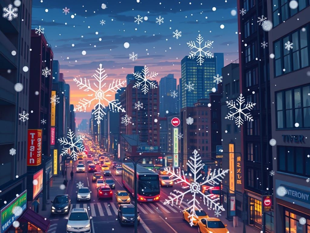 Vibrant Cityscape Transformed by Gentle Snowfall in Anime St...