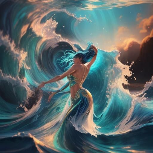 Oceanic Water Elementals Dance in Surreal Art