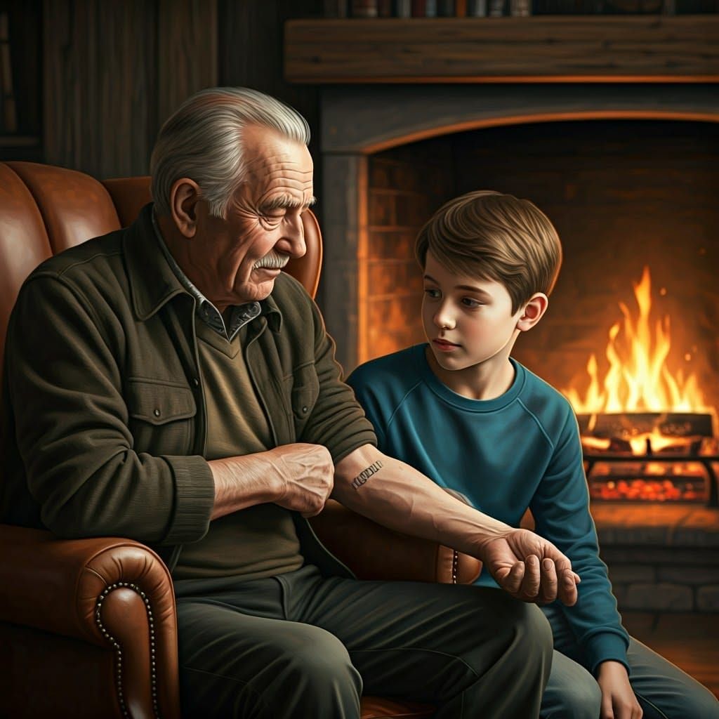 Heartwarming Scene of Grandfather and Grandson by Fireplace