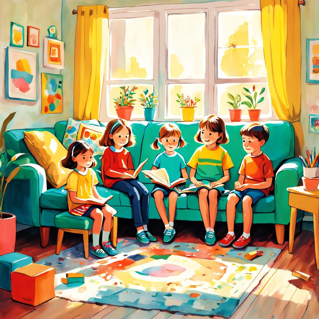 Charming Family Portrait in Childlike Crayon Art Style