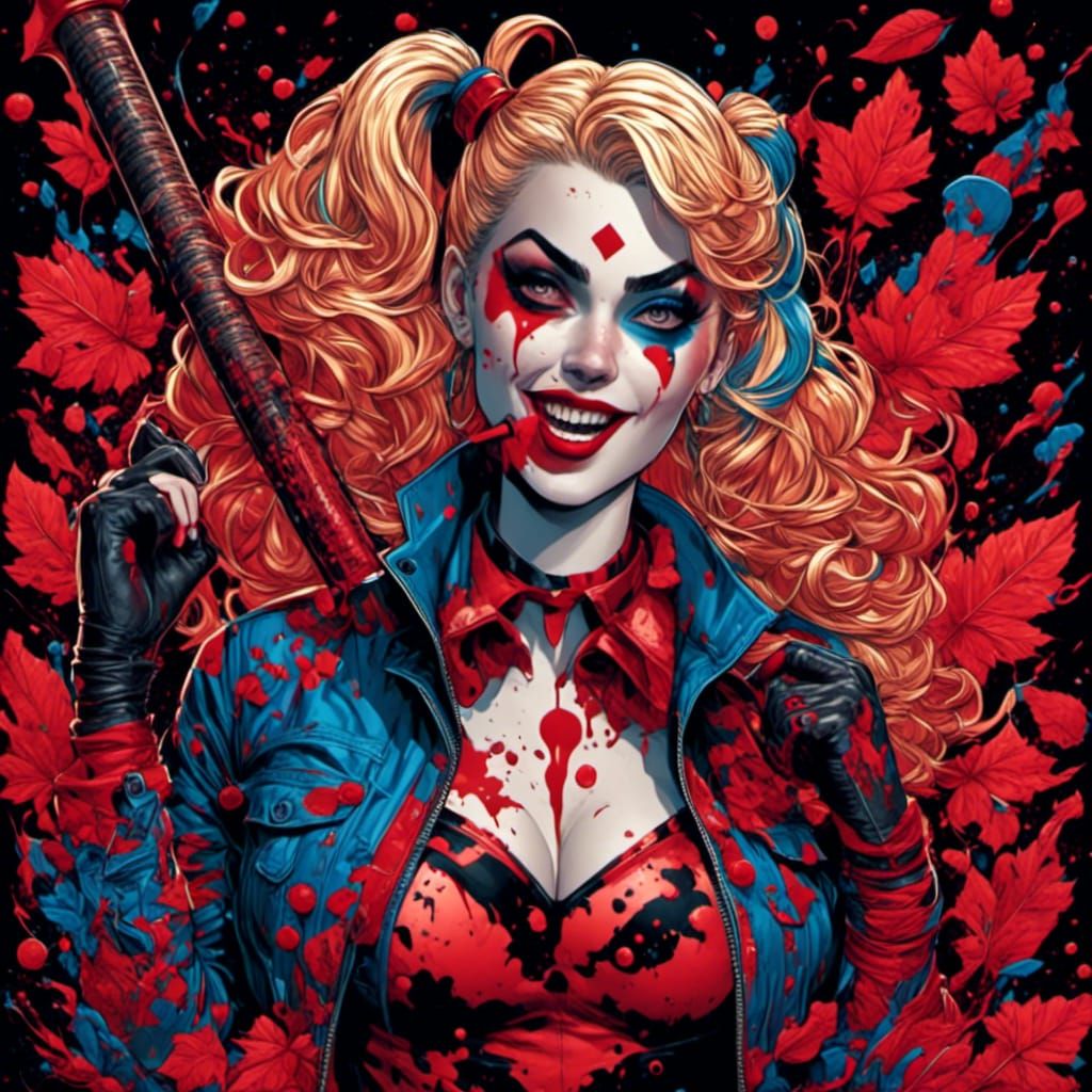 Harley Quinn with Blood-Drenched Bat in Steampunk Style