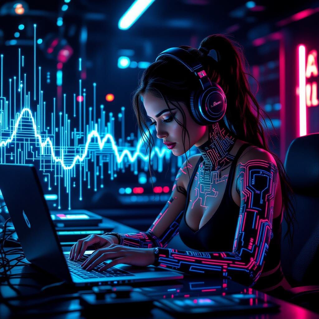 Cyberpunk Woman in High-Tech Studio with Holographic Waves