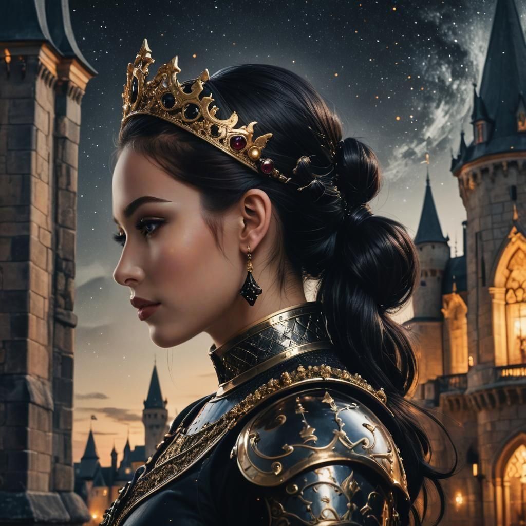 Woman in Armor at Night, Double Exposure Portrait