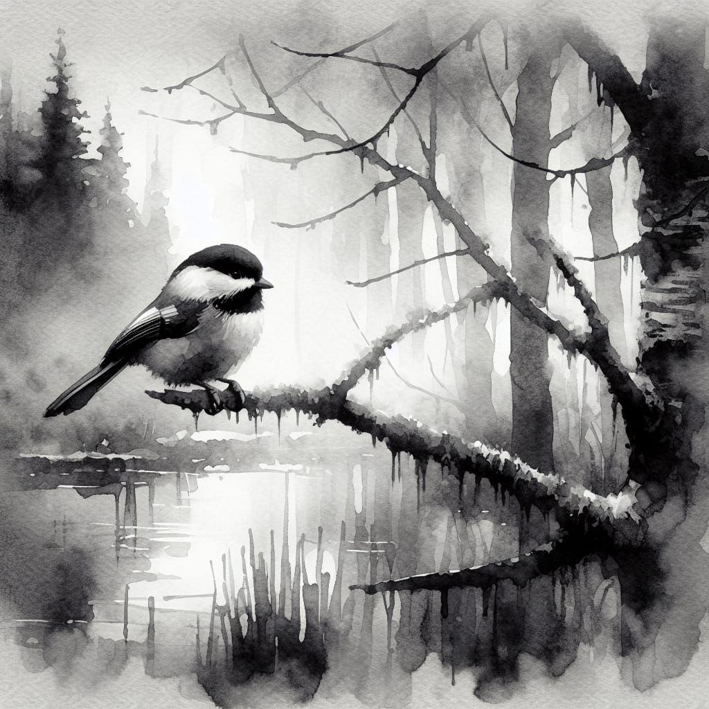 Moody Watercolor Chickadee in Misty Grey Landscape