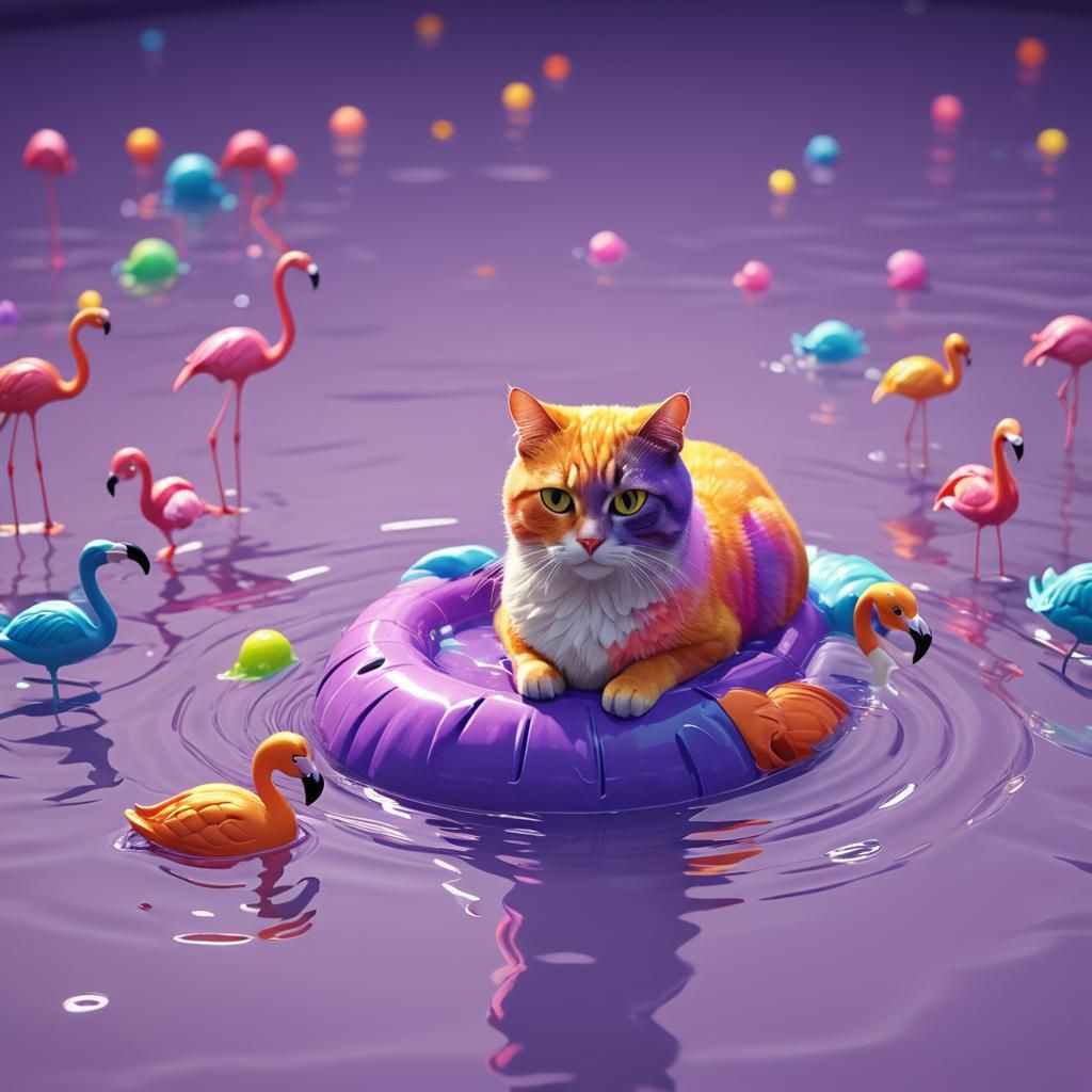 Rainbow Cat with Flamingo in 3D Style