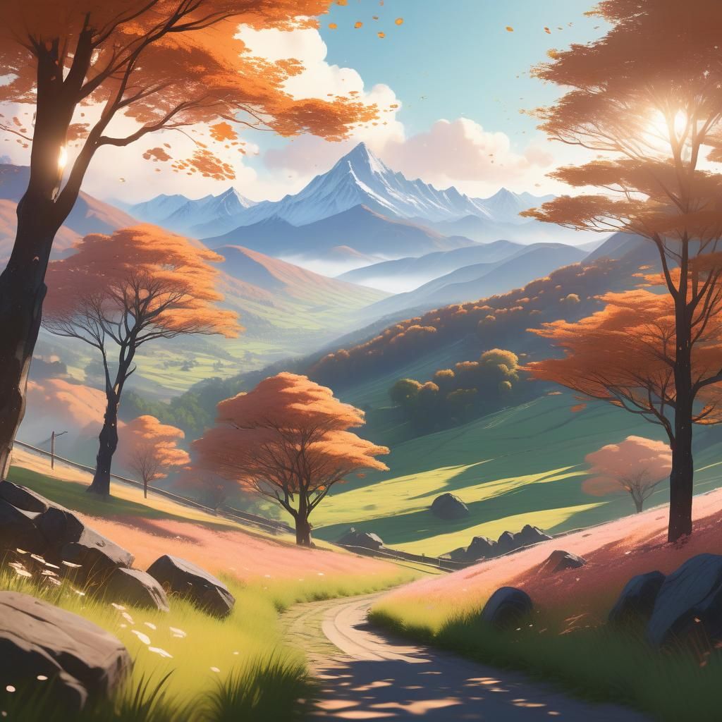 Lush Mountain Landscape in Anime Style