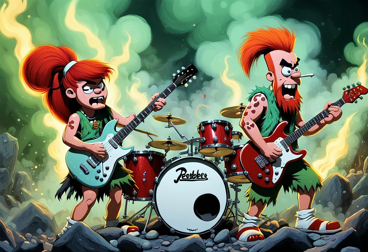Pebbles and Bam-Bam Rock Out in Pop Art Style
