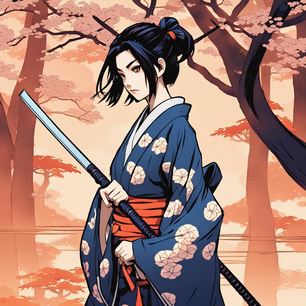 Samurai Girl with Katana in Japanese Anime Style