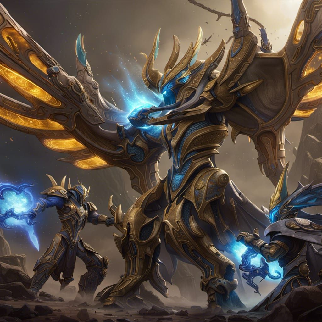 Mutalisks Battle Over Protoss Base in Detailed Matte Paintin...