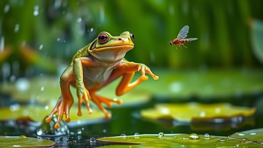 Green Frog Captures Fly Above Lily Pond