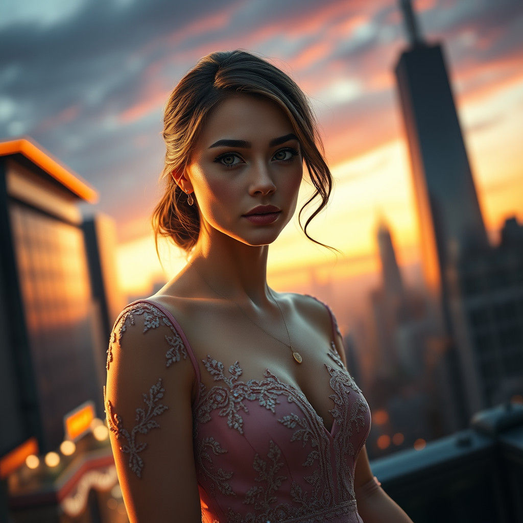 Elegant Woman in Cityscape, Hyperrealistic Concept Art