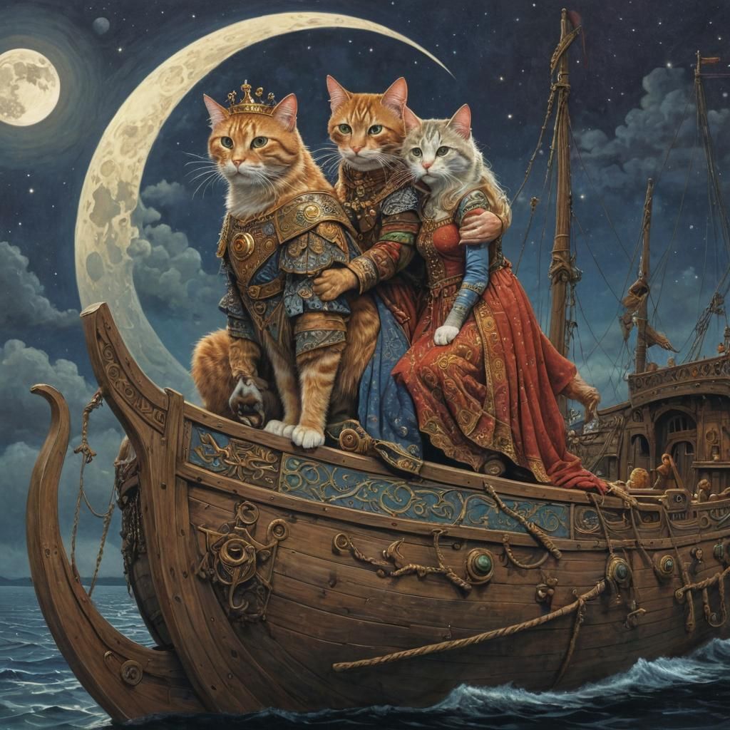Viking Queen and King Cat Embrace: Surrealist Fantasy