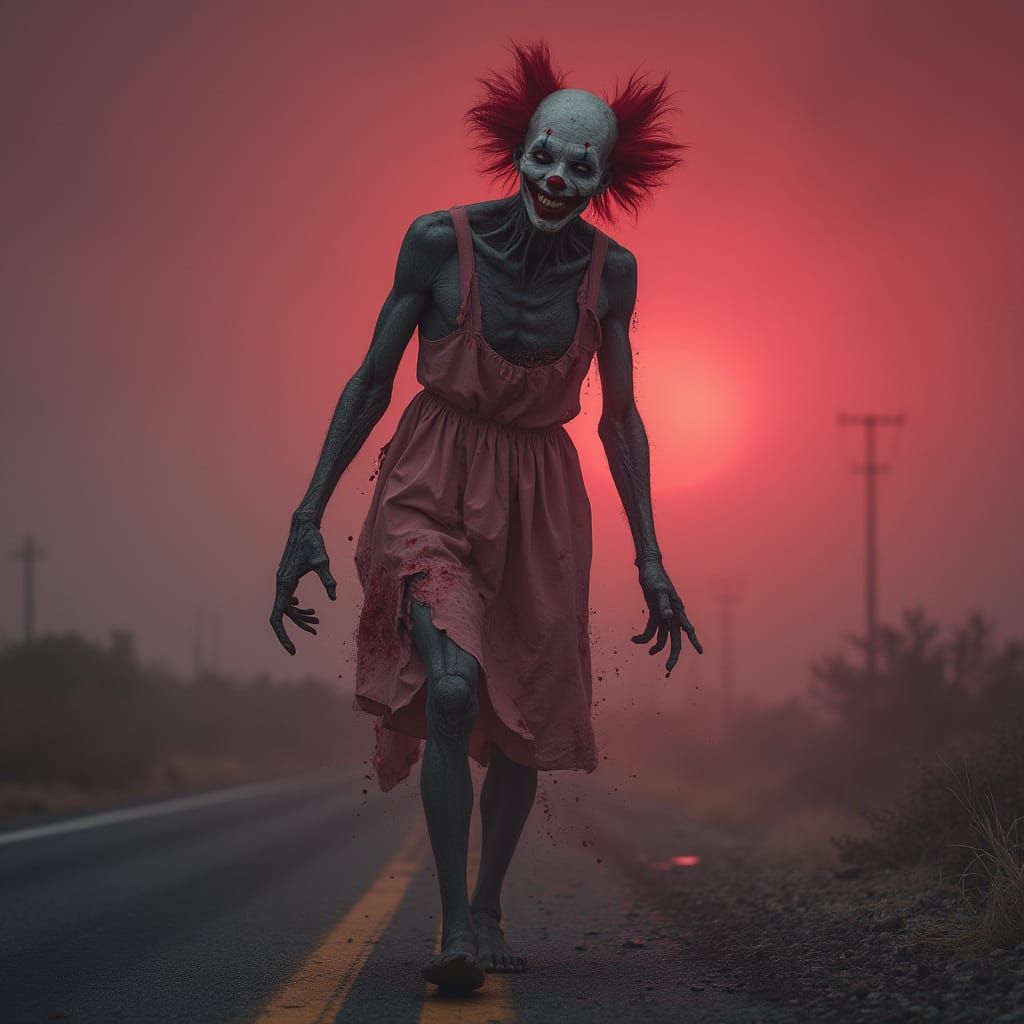 Rotting Zombie Clown in Post-Apocalyptic California Highway