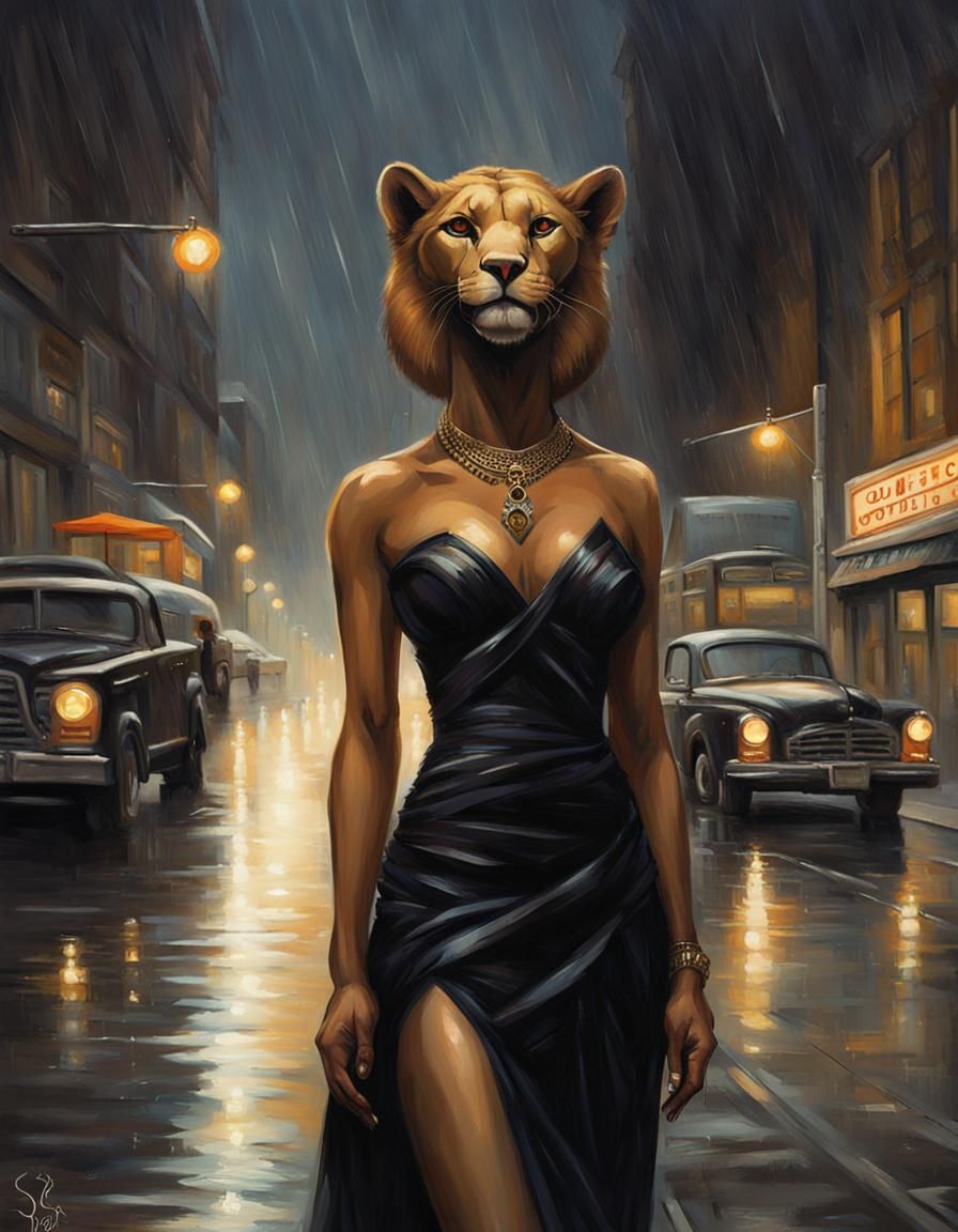 Sinister Lioness Goddess in Rainy Cityscape