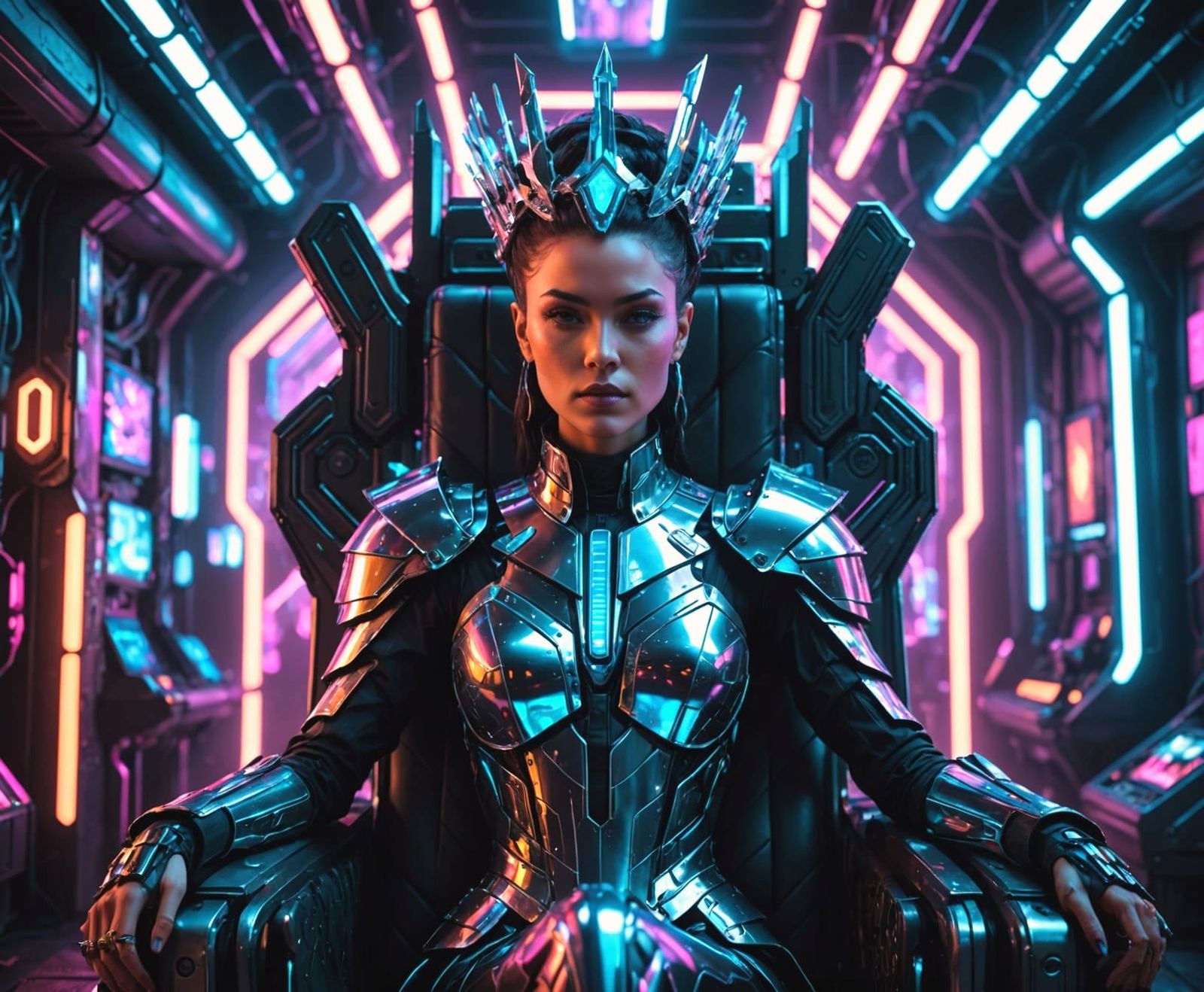 Cyberpunk Empress on Chrome Throne in Neon Cityscape