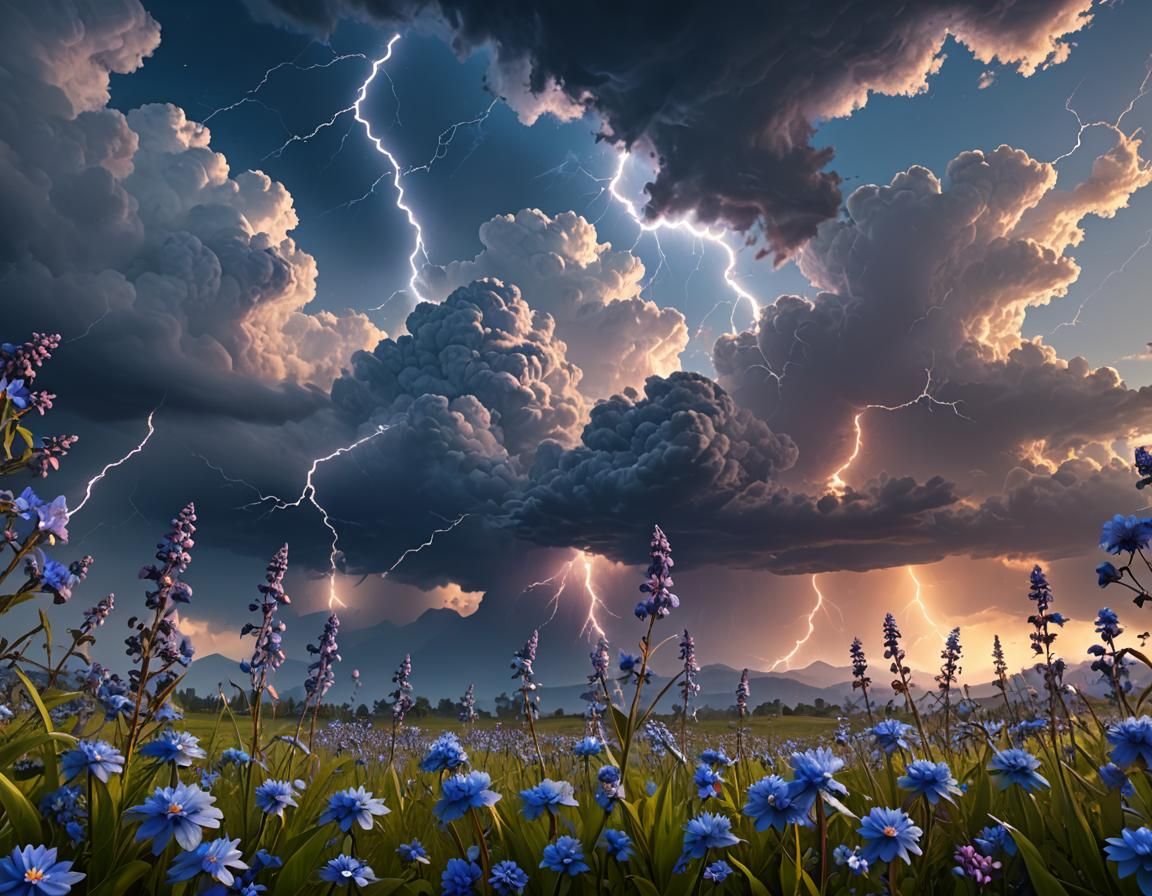 Lightning Storm over a Blue Flower Field