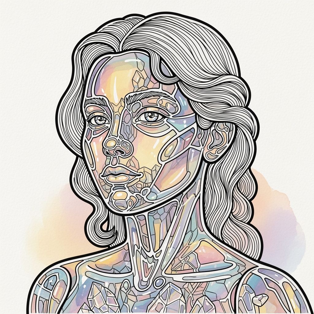 Crystal Glass Portrait with Bold Lines and Watercolor Washes