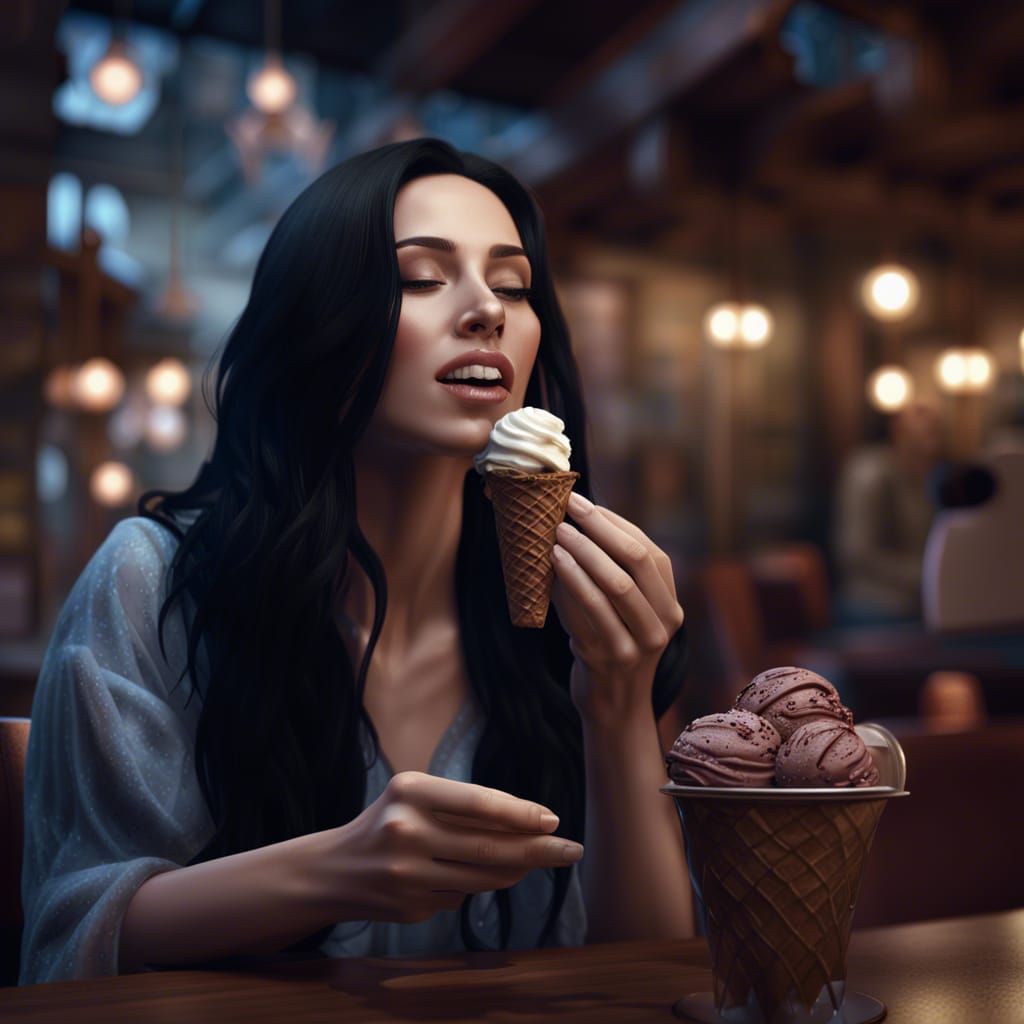 Woman Enjoys Chocolate Ice Cream: Detailed Matte Painting