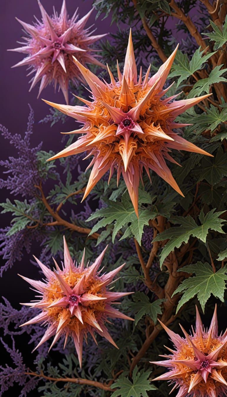 Bioluminescent Fractal Plant with Spiky Blooms