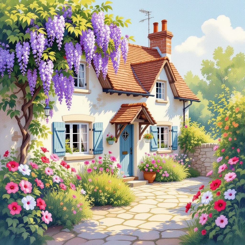 Quaint Cottage with Wisteria in Watercolor Style