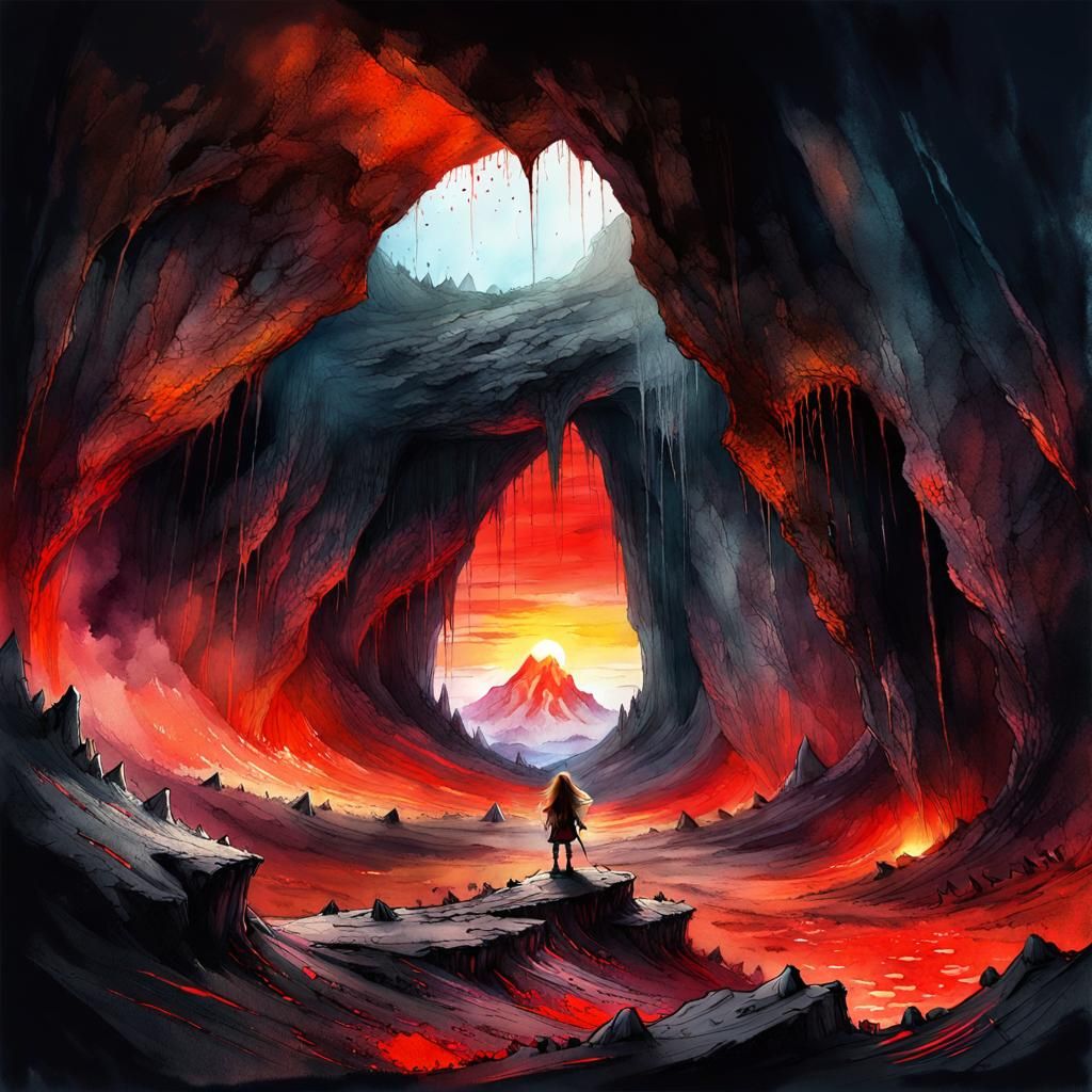 Troll in Volcano Cave: Digital Watercolor Art