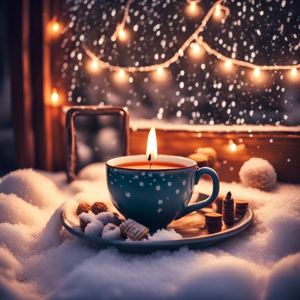 Cozy Winter Scene with Candles and Snowflakes