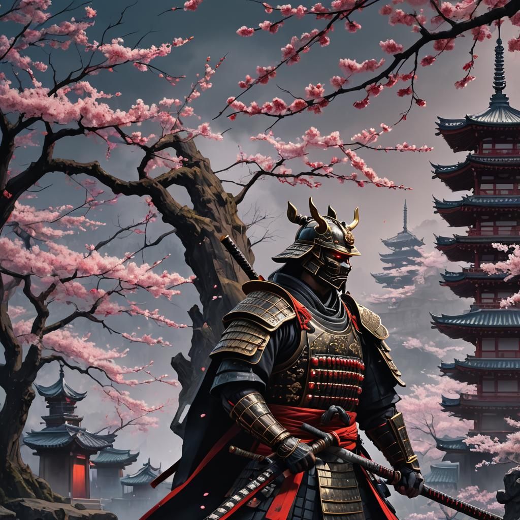 Samurai and Pagoda with Cherry Blossoms