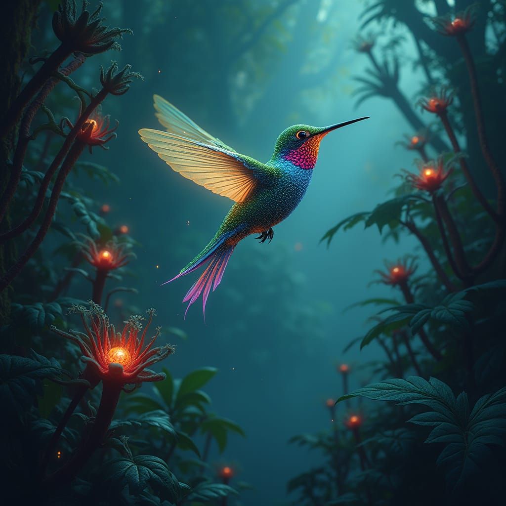 Bioluminescent Hummingbird Dances Through Alien Jungle in Ir...