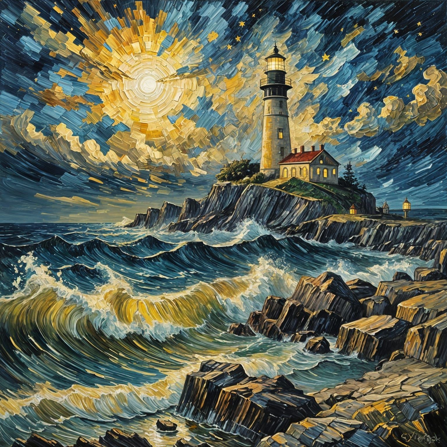 Starry Night Lighthouse Painting in Impasto Style